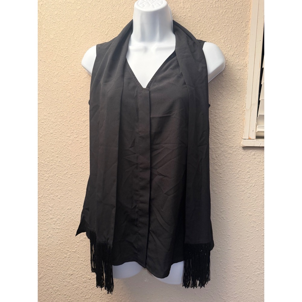 Cabi Black Sleeveless Scarf Neck Fringe Blouse Vintage Style XS